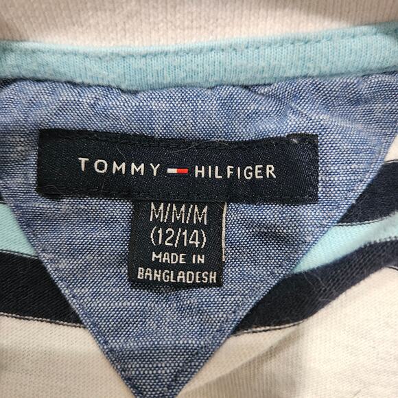 Tommy Hilfiger Boy's Medium (12/14) White‎ & Blue Striped Short Sleeve Polo - Picture 2 of 5